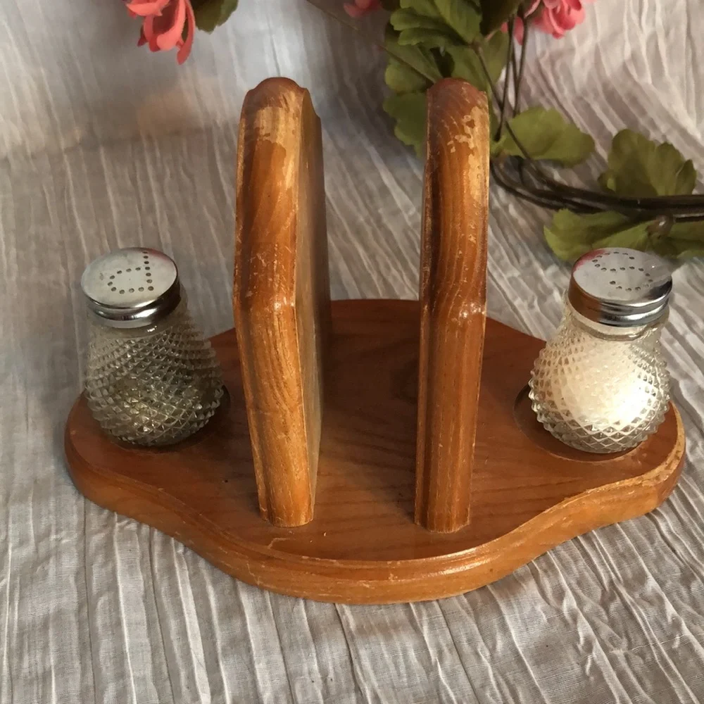 Vintage 1960s Salt & Pepper Shakers Cut Glass Beveled & Pfalzgraff napkin holder